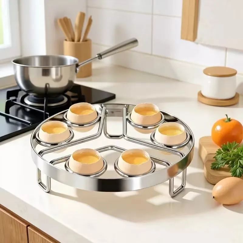 Stainless Steel Six-Hole Egg Boiler Rack Thickened Kitchen Steamer Tray with Insulating Pad Round Home Use Essential Pot Holder