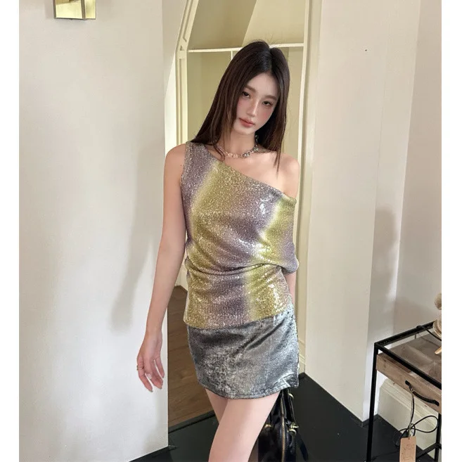 

Женский костюм с короткой юбкой, стильный сексуальный консервативный косой воротник, расшитая блестками футболка с короткими рукавами, топы, тонкая мини-юбка, комплект из двух предметов