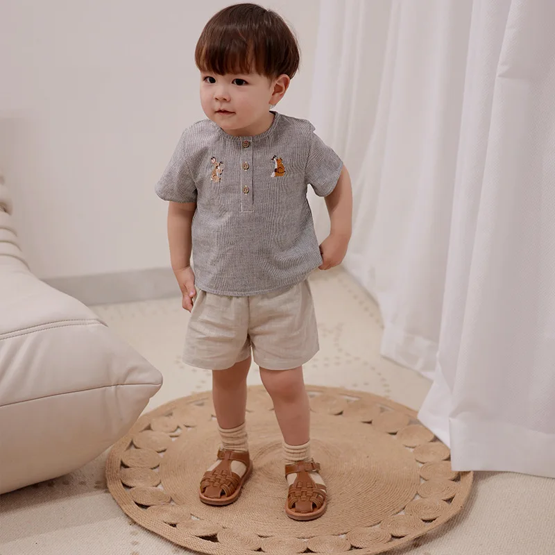 2024 Solid Casual Summer Short Sleeved Baby Boys Tops Handmade Animal Embroidery Clothing Cotton Soft Shirts for Children Boy