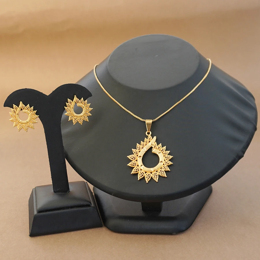 Ethiopian Jewelry Copper Gold Plated Set Serrated Flower Pendant Necklace Earrings Gold Color Africa Eritrea Wedding