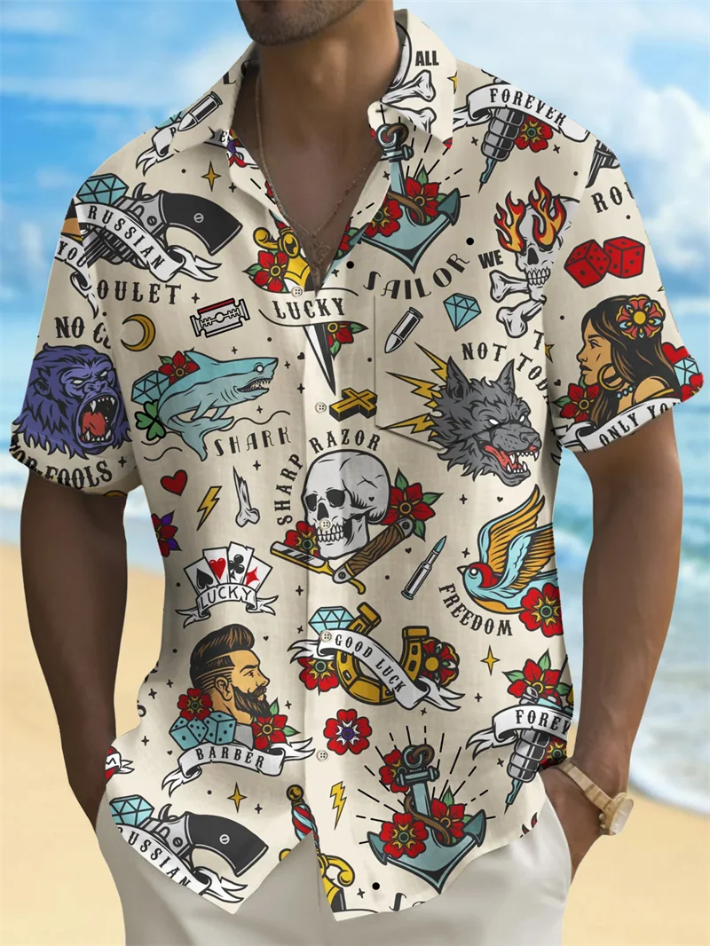 Men\'s 2024 shirt collar fashion Hawaiian shirt short sleeved casual soft men\'s shirt daily shopping social shark picture shirt