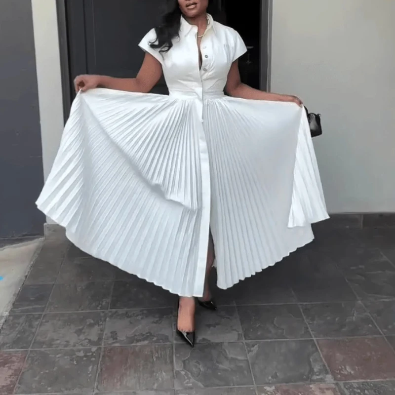 

Shirt Dress Women Long Dresses A Line Pleated Vestidos Streetwear Short Sleeve Wedding Elegant Y2k Party Wedding High Waist