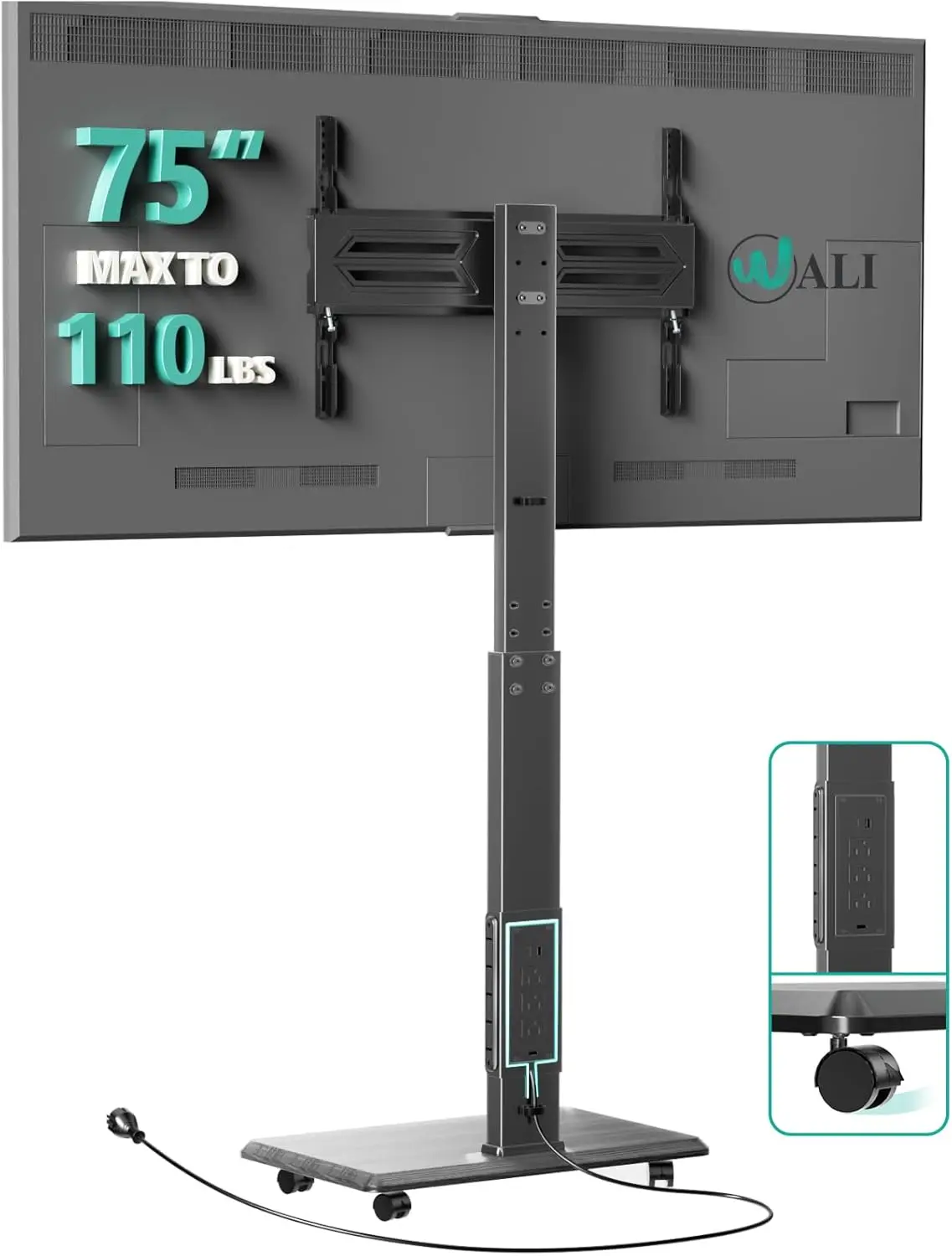 

Rolling TV Stand with Power Outlet, Mobile Tall TV Stand Mount on Wheels for 39-75 inch TV up to 110 lbs, Swivel Height Adjustab