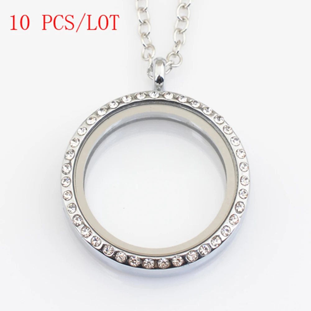 10 PCS/LOT 30mm Round Magnetic Floating Locket With Rhinestone With Free 50-55cm Chain FN0005