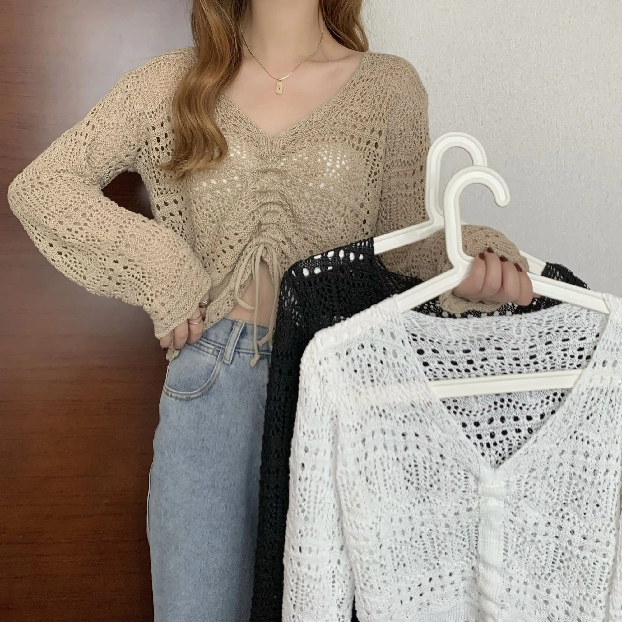 Women Knitting Sweater Design Feeling Hollow Out Thin Cover Up With Drawstring Long Sleeved Knit Shirt For Women's Autumn V-neck