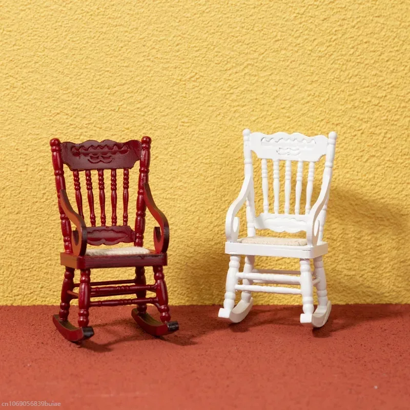 1/12 Dollhouse Miniature Wooden Mini Rocking Chair Model Furniture Accessories For Doll House Decor Kids Pretend Play Toys DIY