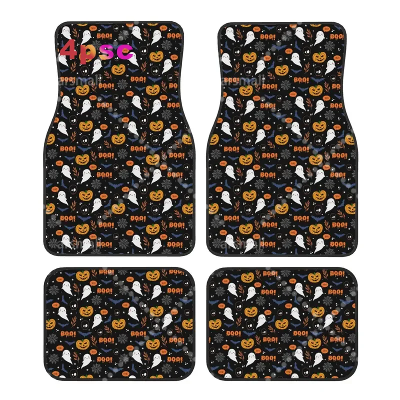 Halloween Pumpkin Ghost Cats Car Floor Mats of 4 Pieces Crystal Velvet Carpets Rugs Universal Car Front Rear Carpets Foot Mats