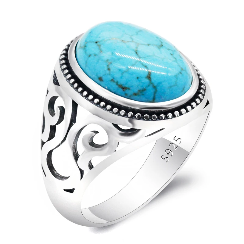 S925 pure silver men's handmade ring, turquoise punk holiday party, luxurious men's holiday gift