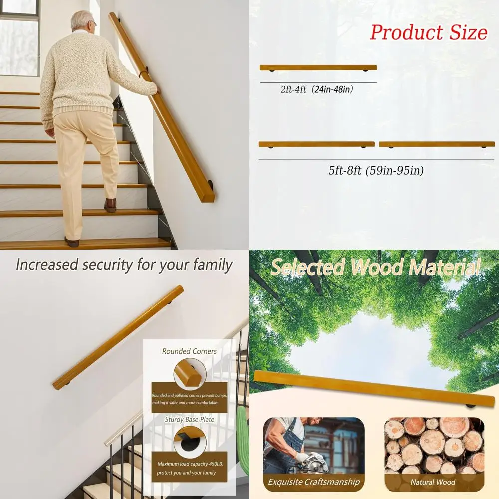 Ringhiera per scale interna in legno da 6 piedi, corrimano a parete per scale, ringhiera di sicurezza antiscivolo per giardino domestico