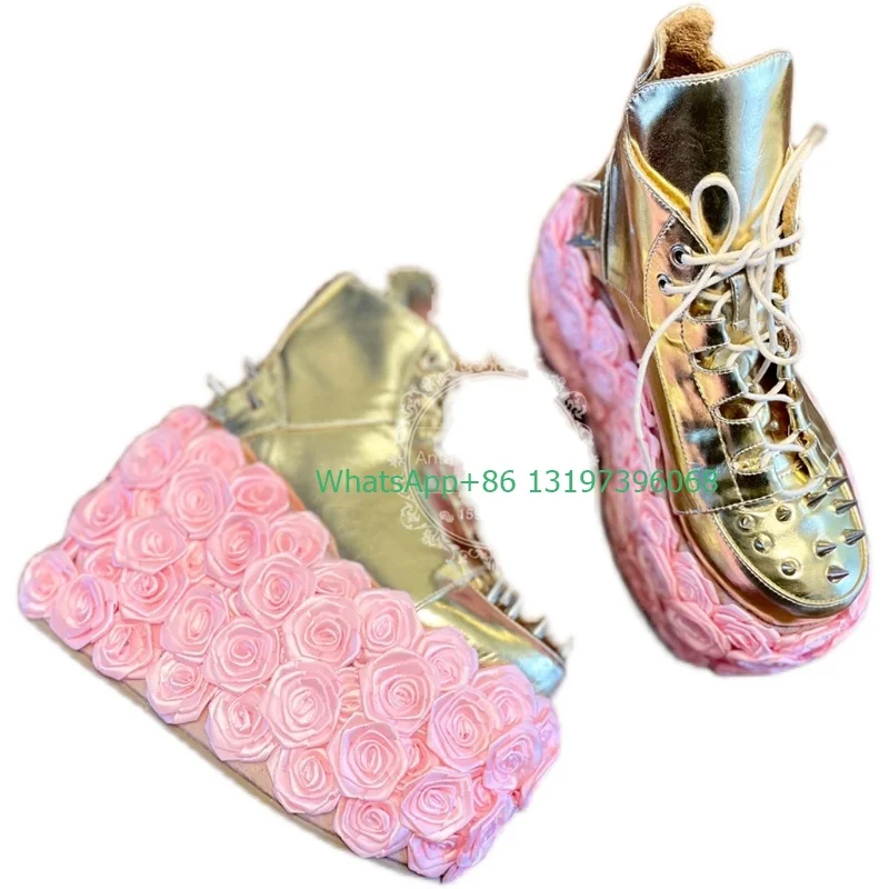 Lady gold stud handmade rose design lace-up boots platform metal design pink rose design calf boots punk Mary Janes boots size