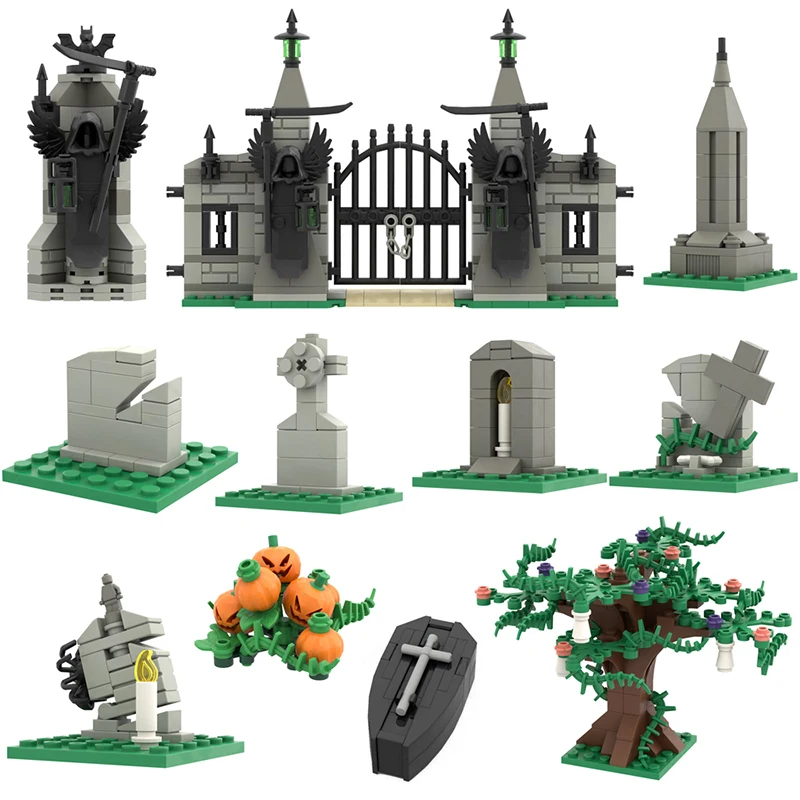 Halloween MOC Cemetery Building Blocks Pumpkin Wall Tombstone Skull Ghost Bricks Toys Creative Kids Gifts Compatible With LEGO