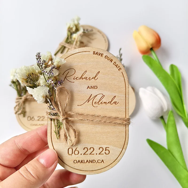 Imán rústico personalizado para guardar la fecha de la boda, guardar las fechas, imanes de tarjetas de madera con hilo Gypsophila, imán de recuerdo de boda