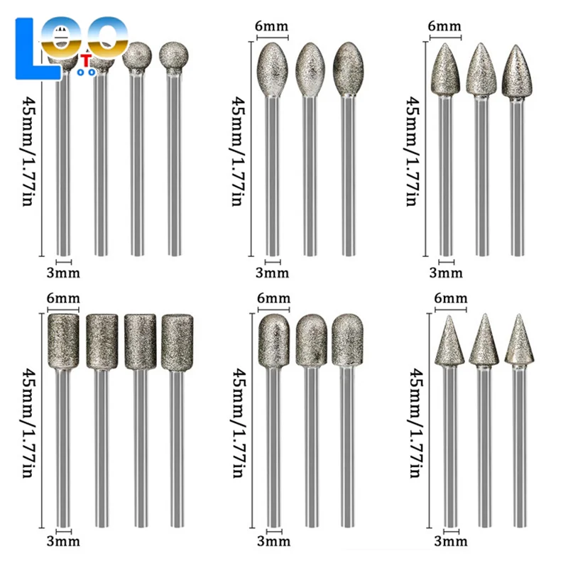 20 шт., набор алмазных сверл, шлифовальных бит, мини-сверла, набор заусенцев для вращающегося инструмента, шлифовальные принадлежности, хвостовик 3 мм