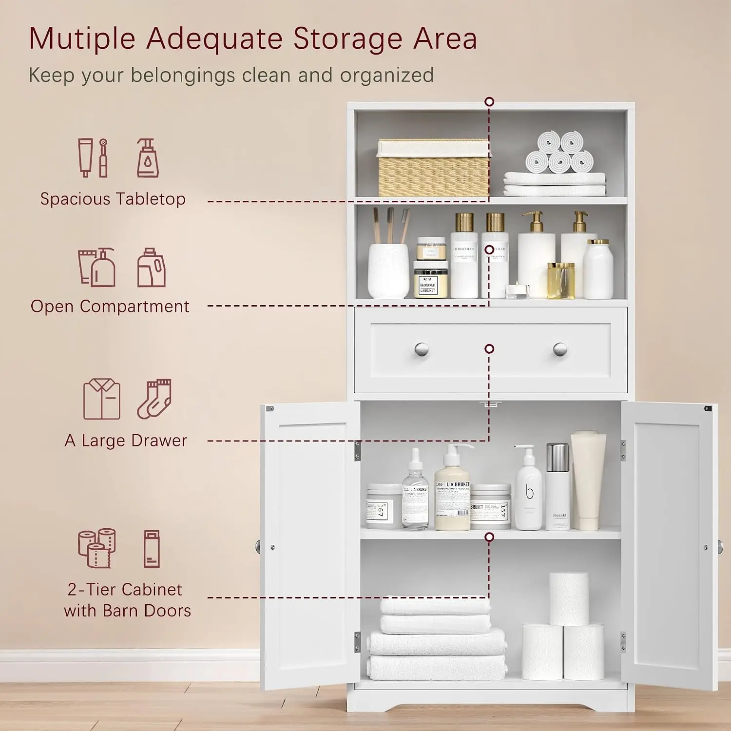 Bathroom Floor Cabinet with Drawer Adjustable Shelves Open Compartments for Bathroom Living Room Kitchen, Customized