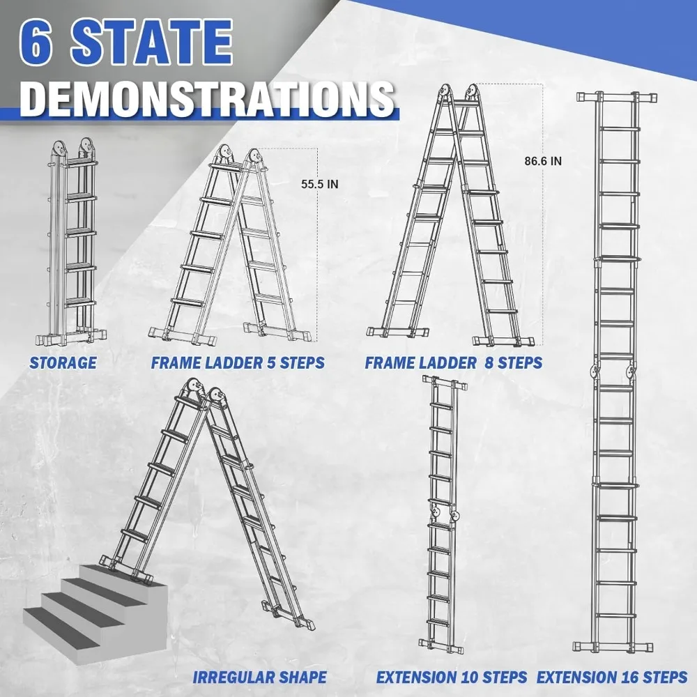5-staps verlengladder, 19ft verstelbaar, draagvermogen 330 lbs, met afneembare lade en stabilisator