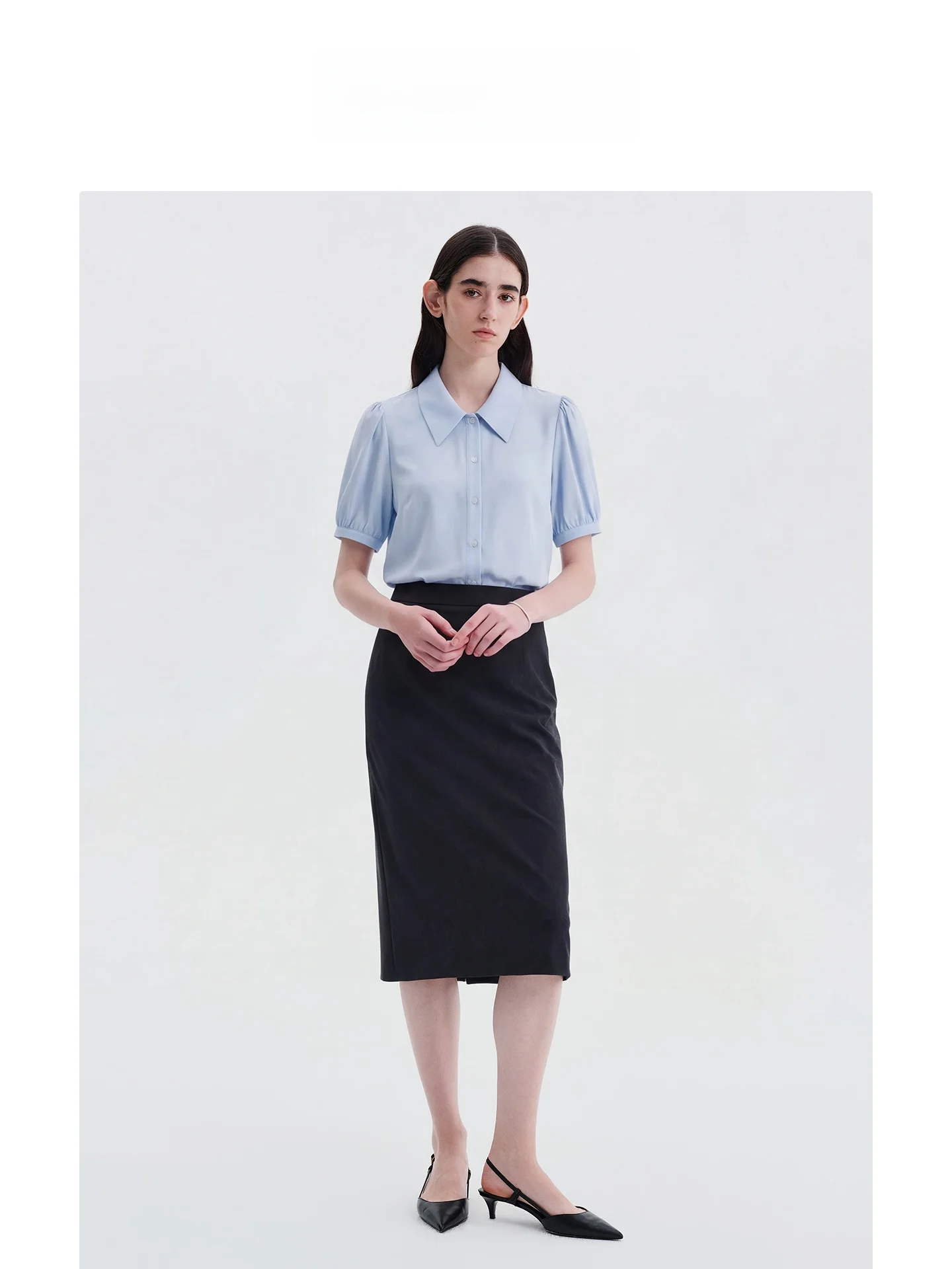 

Blue Shirt Women's Summer Design Pointed Collar Short Sleeve Draping Slimming Commute Shirt Two-Piece Set Straight Tube Polye...