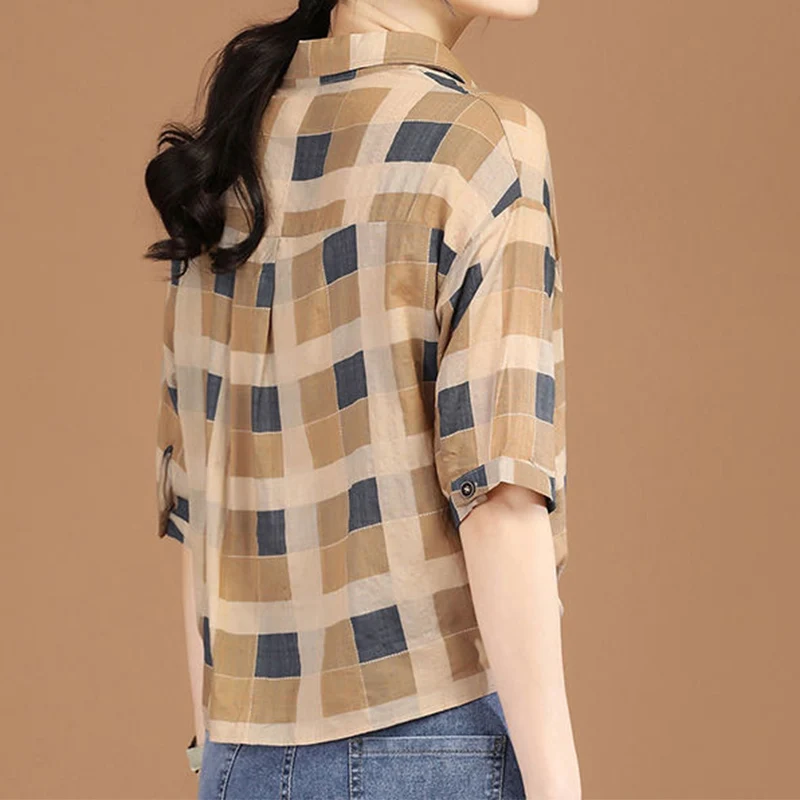 Office Lady Casual Plaid Printing Drawstring Button Shirt Summer 2023 Commute Polo-Neck Short Sleeve Loose Tops Women\'s Clothing