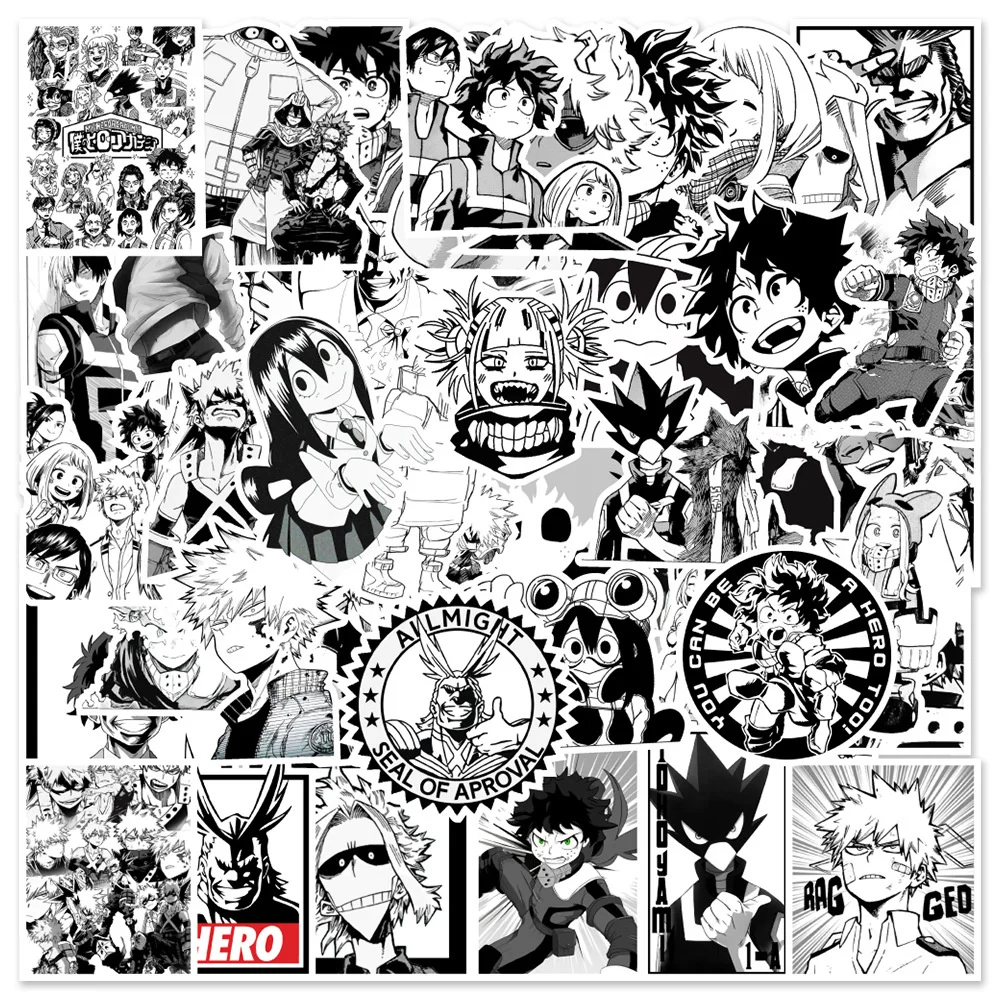 50PCS Anime Black and White My Hero Academia Graffiti Waterproof Sticker Creative Decoration Guitar Playing and Singing Helmet