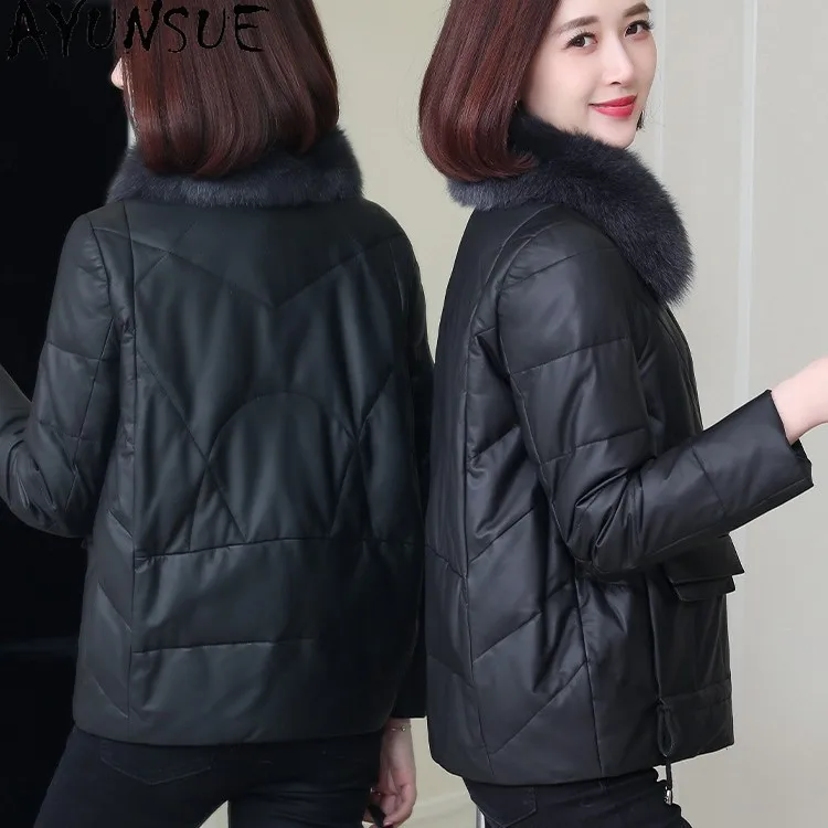 AYUNSUE 양피 정품 가죽 자켓 여성 90% 화이트 오리 다운 코트 여성 의류 겨울 따뜻한 여우 모피 CollarJaqueta Couro