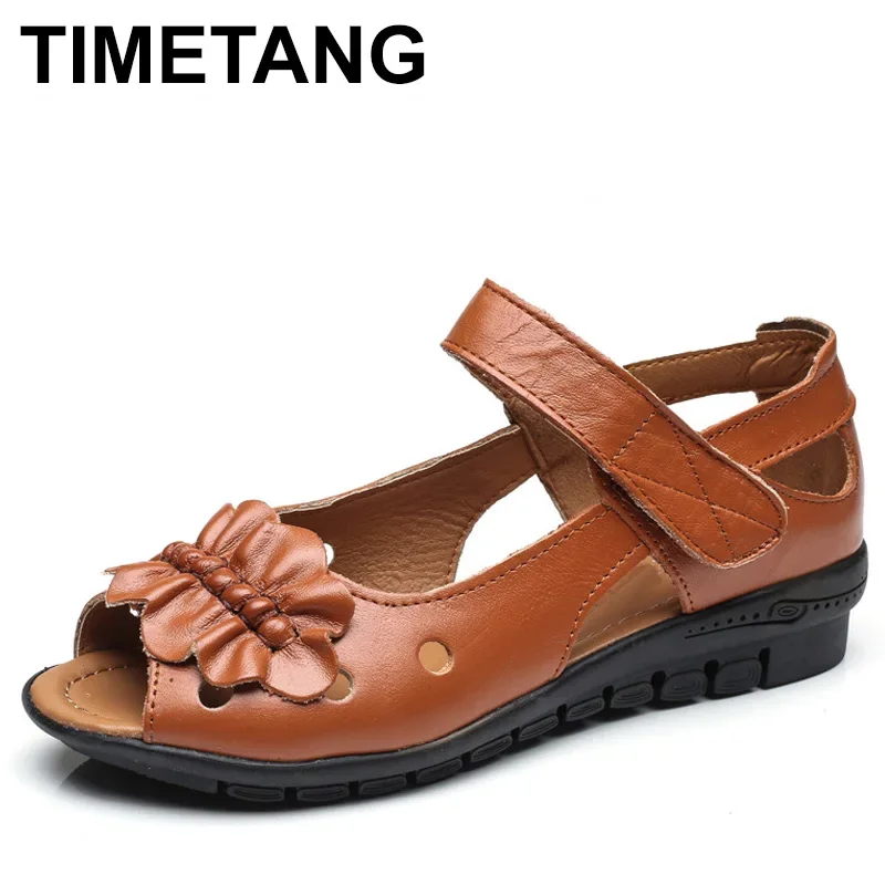 

TIMETANGSummer Gladiator sandals women flat cover heel hook loop fashion Bowknot genuine leather sandals women comfortable shoes