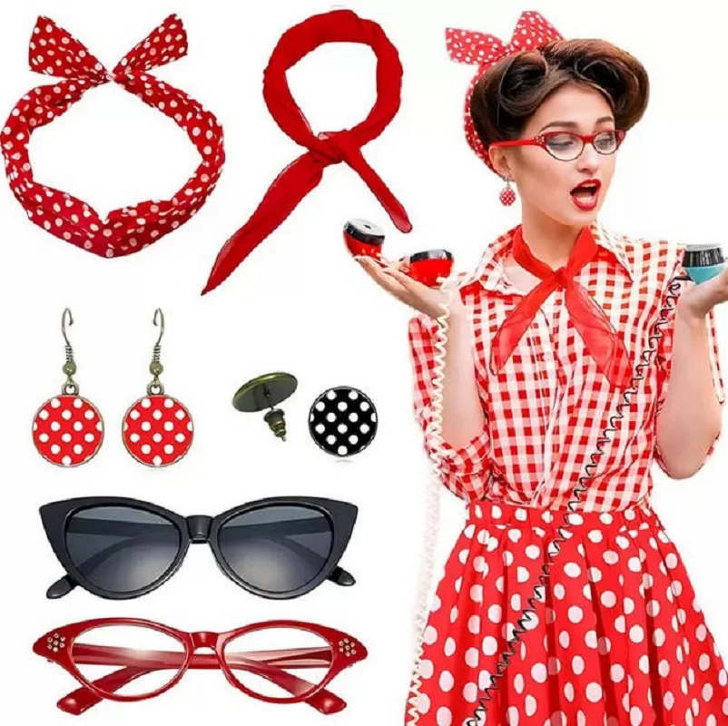 1950's Womens Costume Accessories - 50s Scarf   Tie Headband Drop Dot Earrings Set Stage Performance Accessories