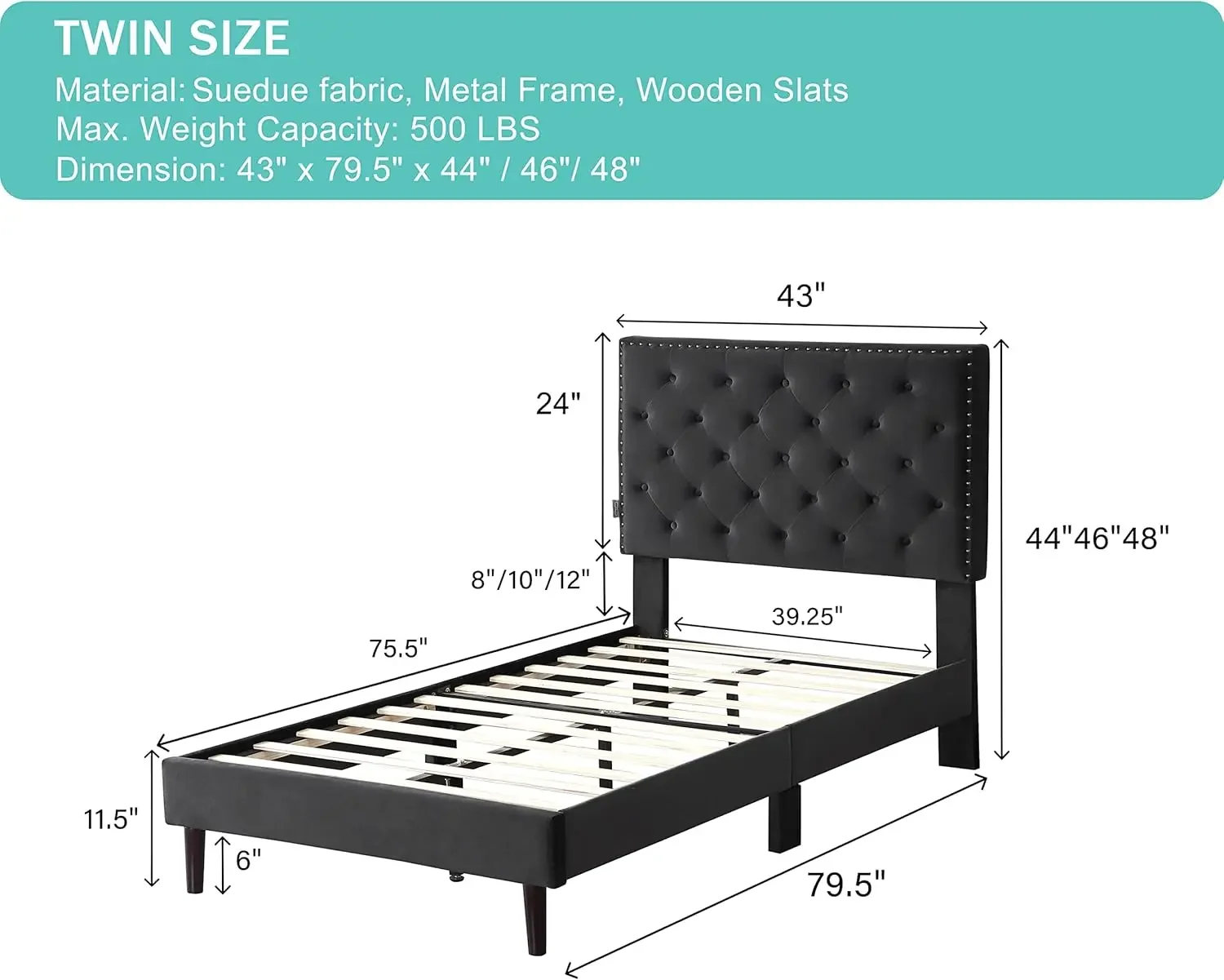 Twin Upholstered Platform Bed Frame with 48