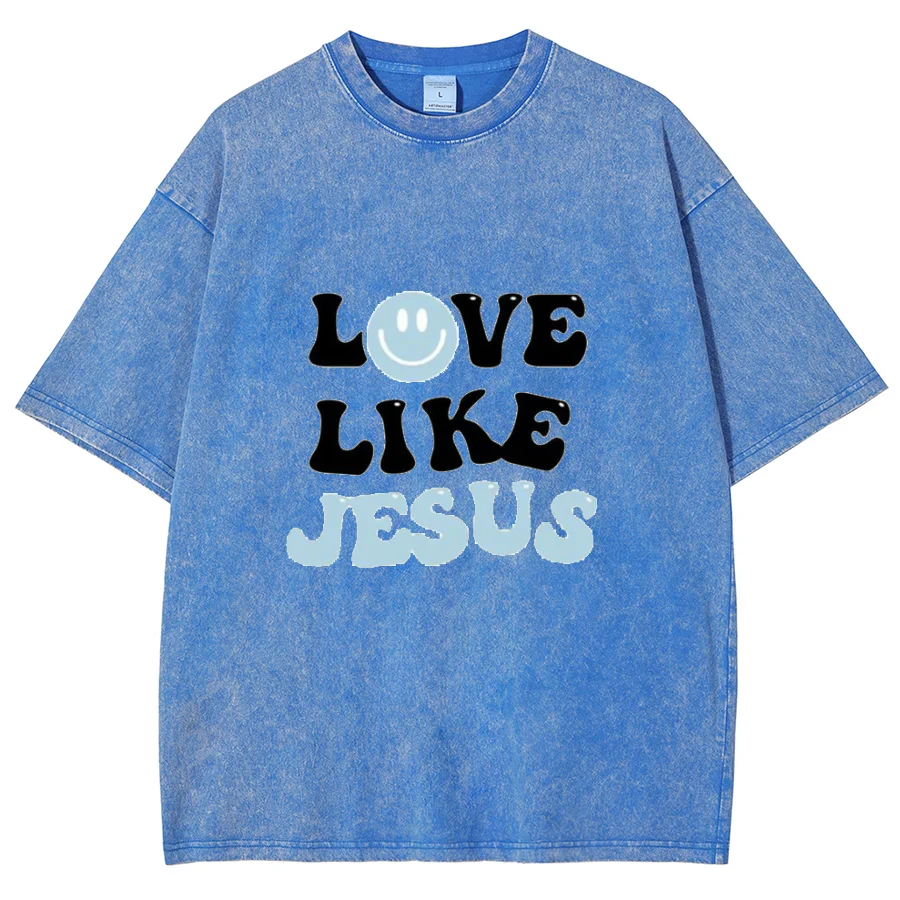 Like Jesus Y2K Washed Short Sleeves T-Shirt, Creative Printed Unisex Oversized Vintage Streetwear New Fashion Plus-Size Tops