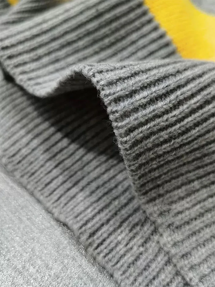 المرأة الخريف الشتاء الصلبة بولو طوق سترة البلوز سترة الإناث أنيقة الدافئة الأصفر الرمادي مخطط محبوك اقتصاص سترة #6