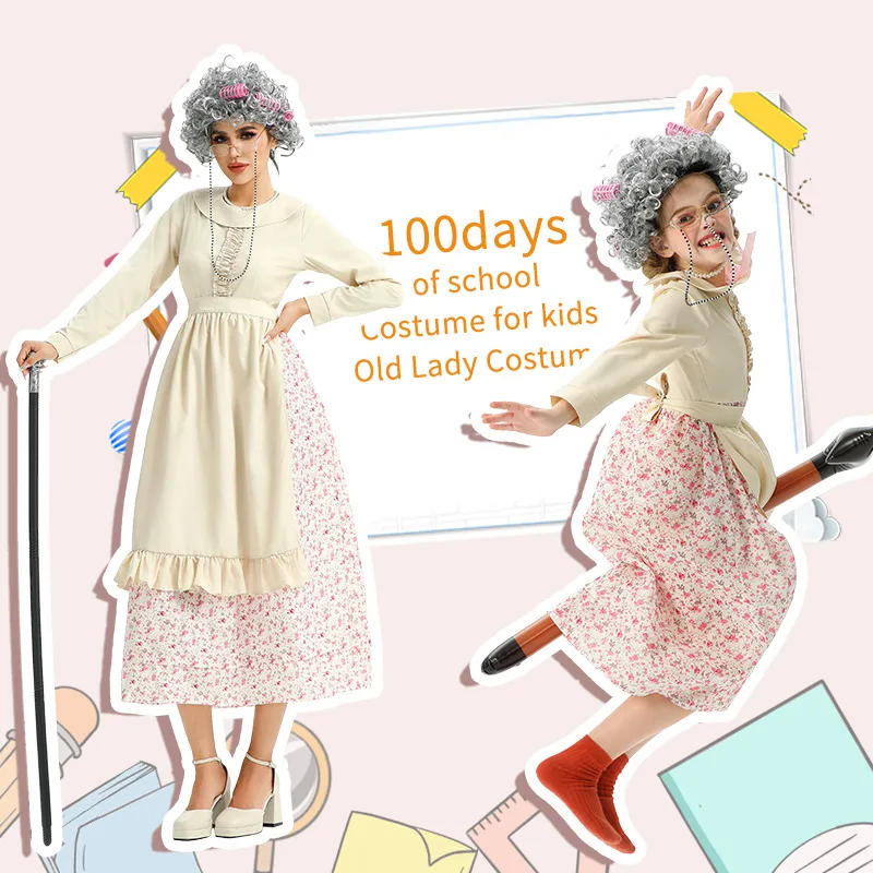 Halloween Grandma Costume Set Floral Skirt Elderly Women's Outfit Back-to-School 100 Days Funny Dress-Up Traditional Chinese ...