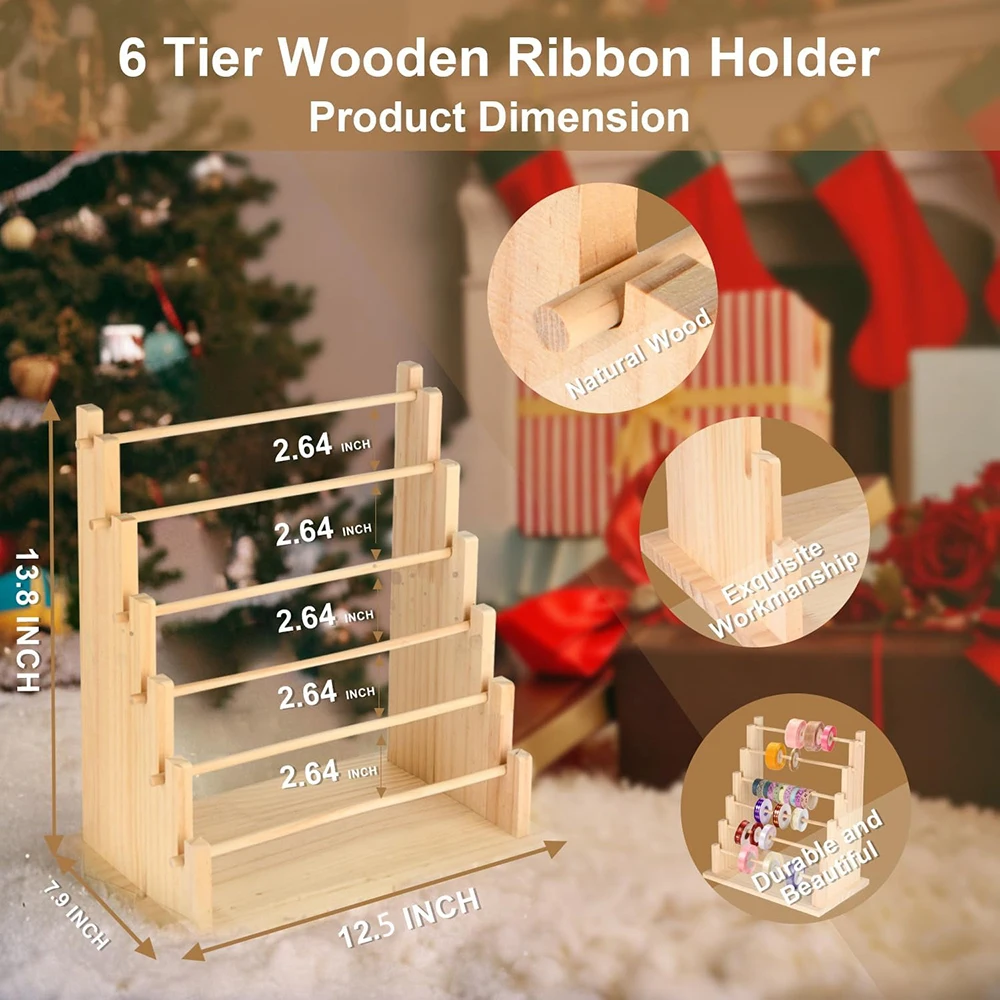 Wooden Ribbon Organizer Storage Display Stand Portable Tabletop Organizer Ribbon Spool Holder Rack for Home Cake Wrapping Gift
