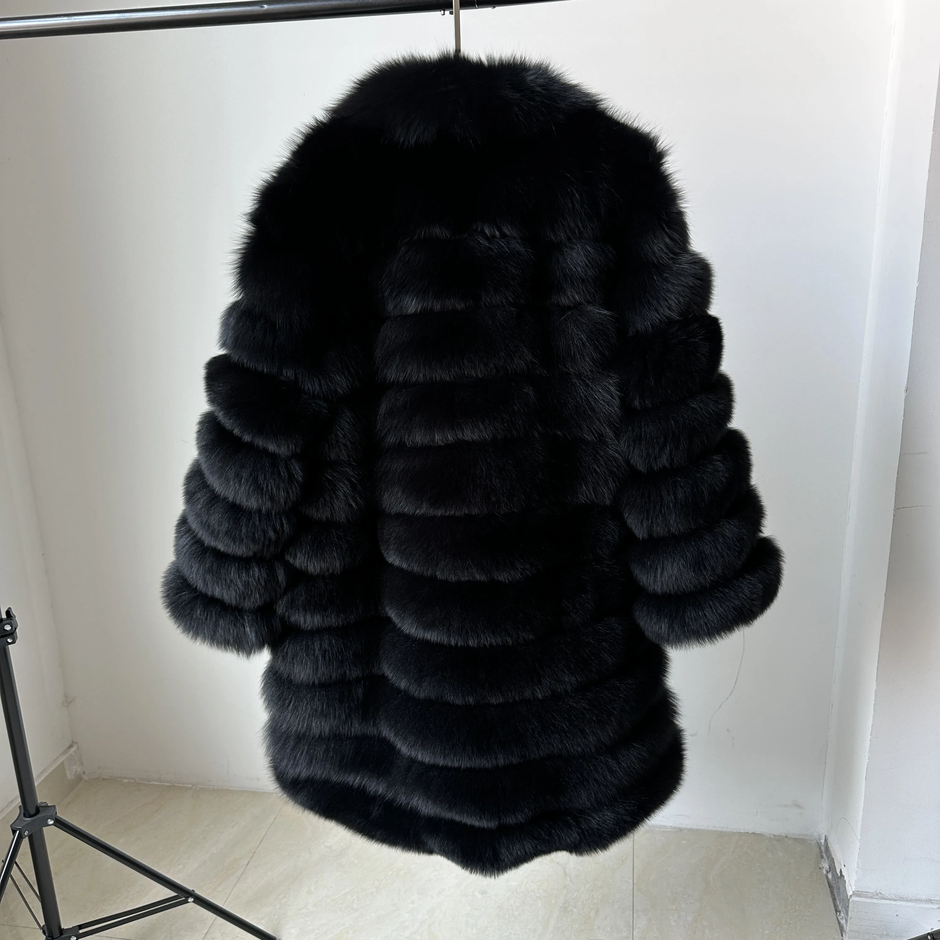 New Fashion Black Real Fox Fur Coat Long Style Women Plus Size Fluffy Fur Jacket With Zipper Winter Female Casual Outerwear