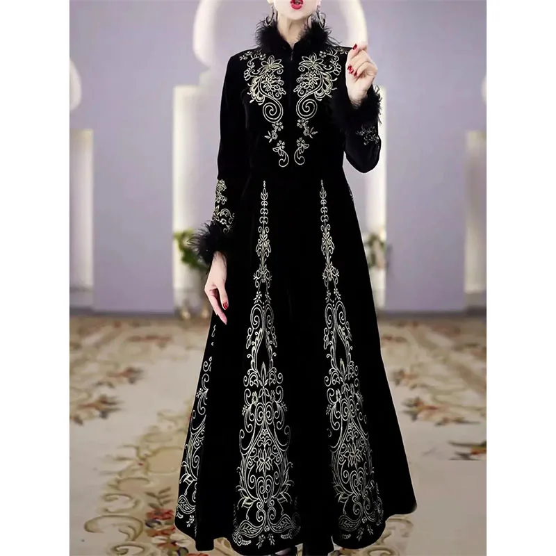 Vintage Fur Collar Embroidered Dress Women's Long Dresses 2025 Autumn/Winter New Female Big Swing Dress Fashion Mujer Vestidos