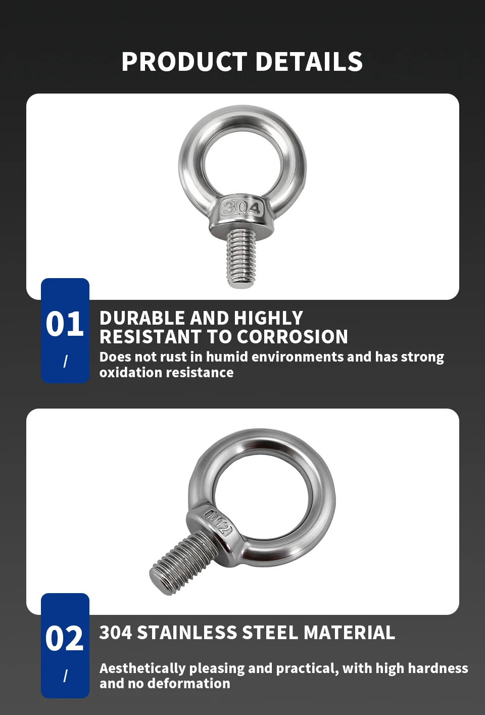 304 Edelstahl Hebeösenbolzen M3 M4 M5 M6 M8 M10 M12 M14 M16 M18 | DIN580 Geschmiedeter Augenschraubenschlüssel für Hebe- und Riggingzwecke – Detail 4