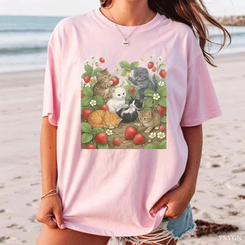 Women Cute Kittens in Tomato Vine Print T Shirt Summer Crew Neck Short Sleeve Soft Retro Botanical Cat Animal Graphic Tees Tops