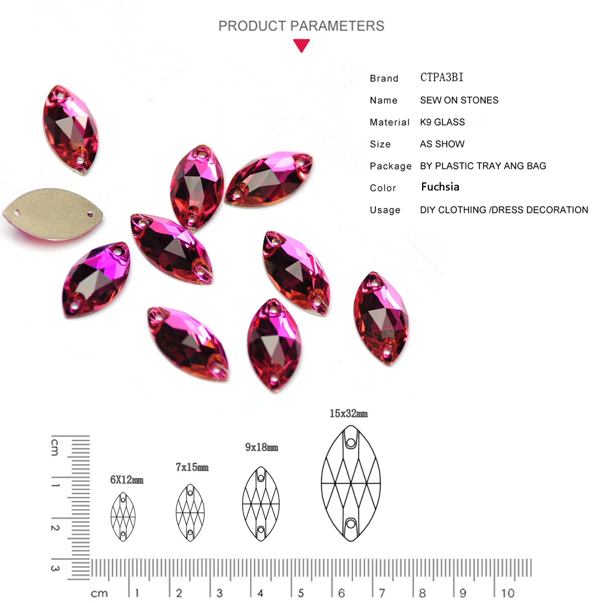 Fuchsia K9 Crystal Navette Glass Strass Flatback Sew On Rhinestone Sewn Rhinestones for Garment Dress Clothes