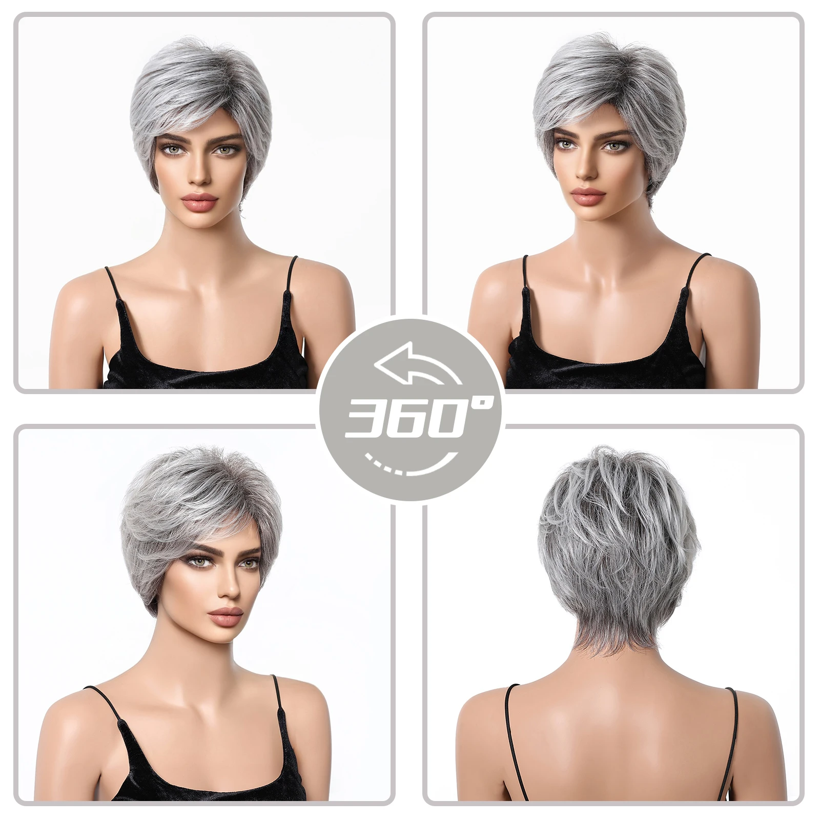 Short Pixie Cut Human Hair Blend Wigs for Women Silver Gray Platinum Layered Bob Blend Human Hair Wigs with Bang Women Daily Wig