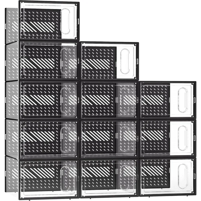 

X-Large Storage Box with Magnetic Door, 12 Pack Clear Plastic Stackable Sneaker Organizer for Closet, Connect Left