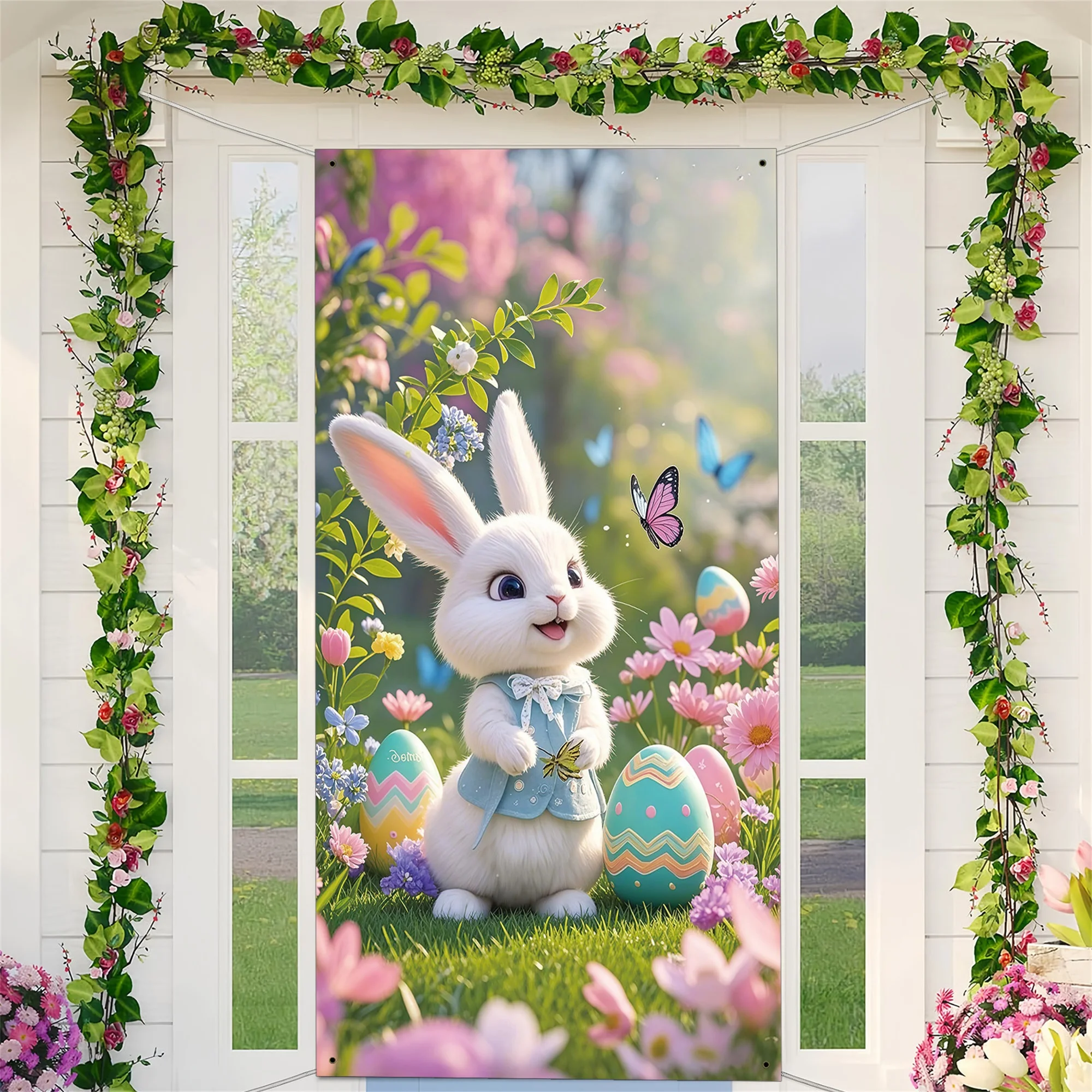 غطاء باب أرنب عيد الفصح، لافتة شرفة ملونة للعطلات المبتكرة لديكور حفلات المنزل والمكتب والمدرسة #1