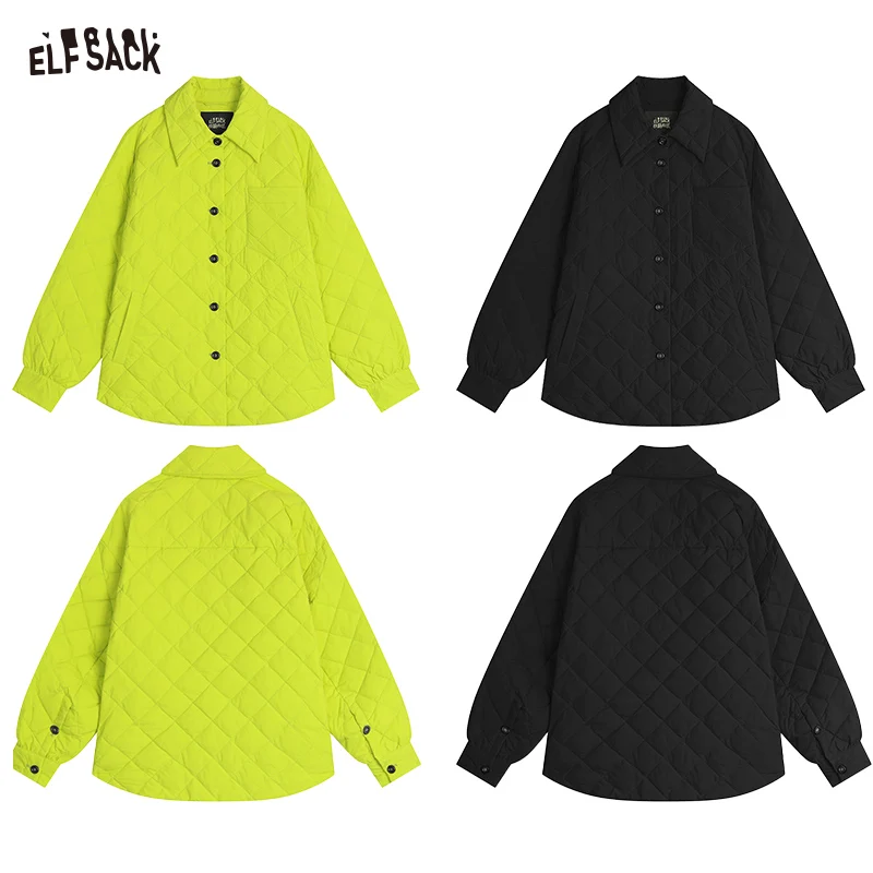 ELFSACK 2024 Winter New Arrivals Black diamond grid shirt style down jacket for women