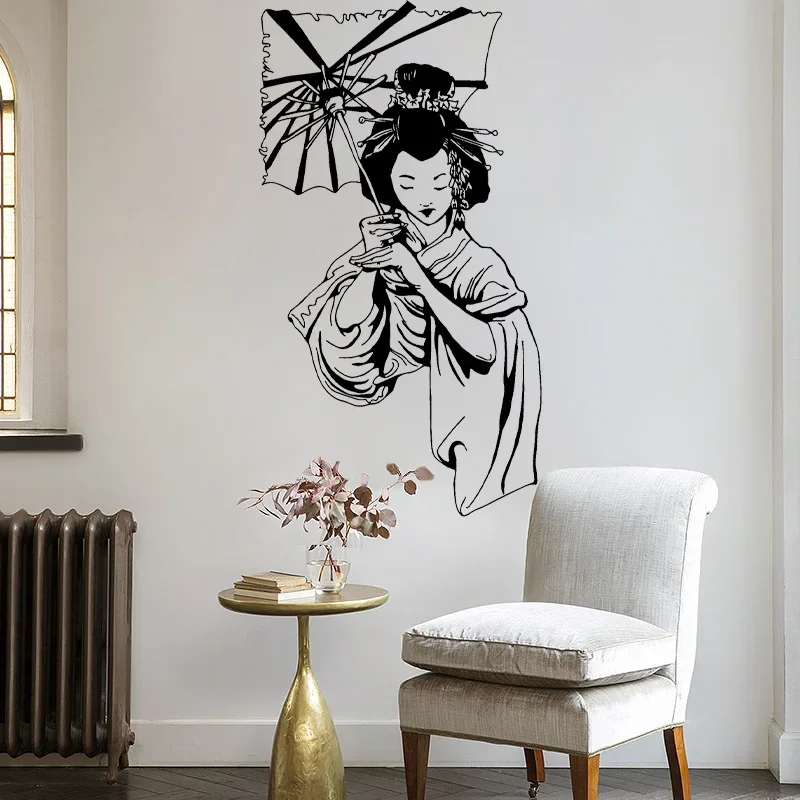 

Geisha Japanese Girl Umbrella Asian Style Wall Stickers Vinyl Home Decor for Living Room Bedroom Decals Removable Murals Q043