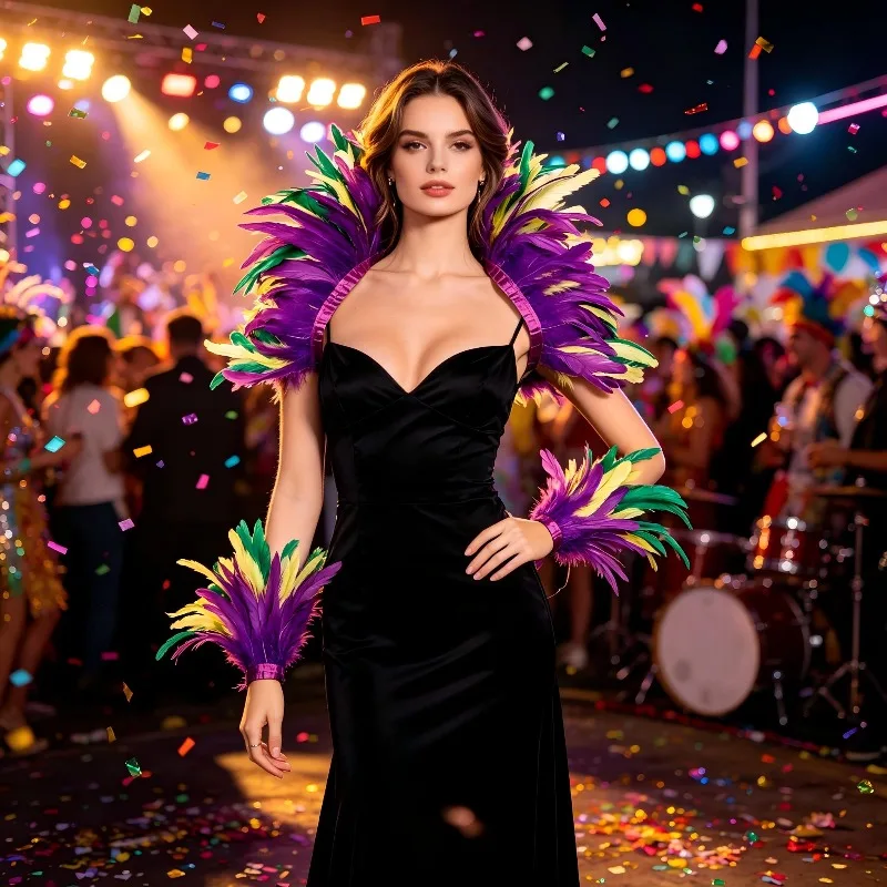 Mardi Gras Feather Shawl and 1 Pair Wrist Cuffs for Women Festival Accessories Halloweem Feather Cape Costume Rave Accessories