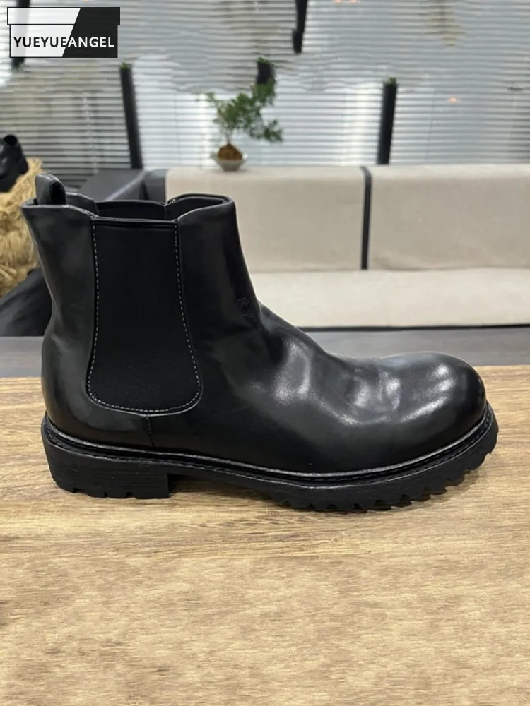 

Мужские удобные ботинки челси из конской кожи в британском стиле, лоскутные повседневные высокие деловые туфли без шнуровки с круглым носком