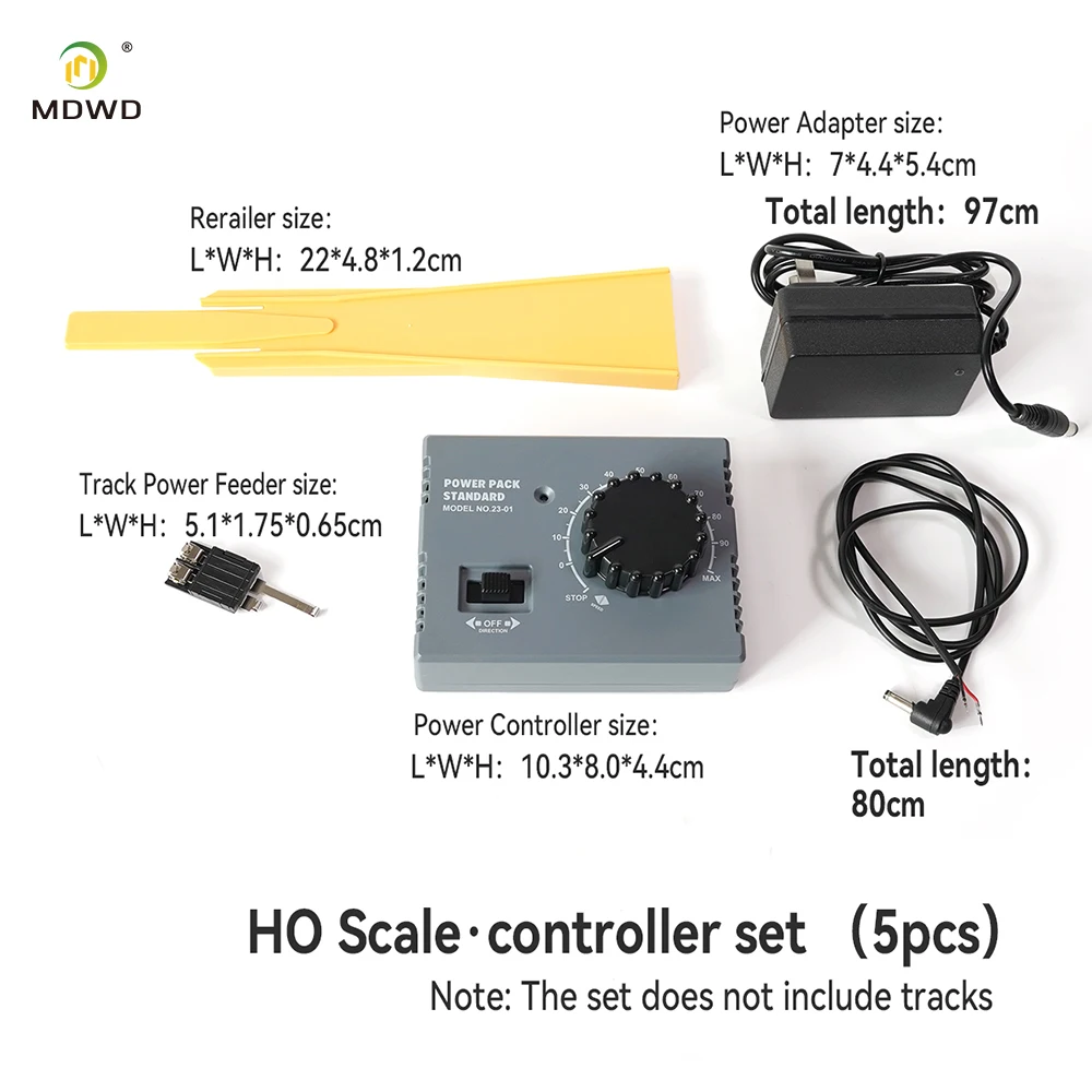 MDWD HO Scale Train Controller Set, 5 Pcs Power Pack with Speed Knob, DC Adapter, Cables & Rail Loader for Model Railway