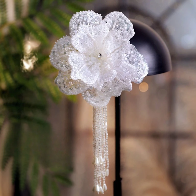 الفرنسية الرجعية الصناعة الثقيلة المطرزة الدانتيل زهرة شرابة مشبك شعر غطاء الرأس