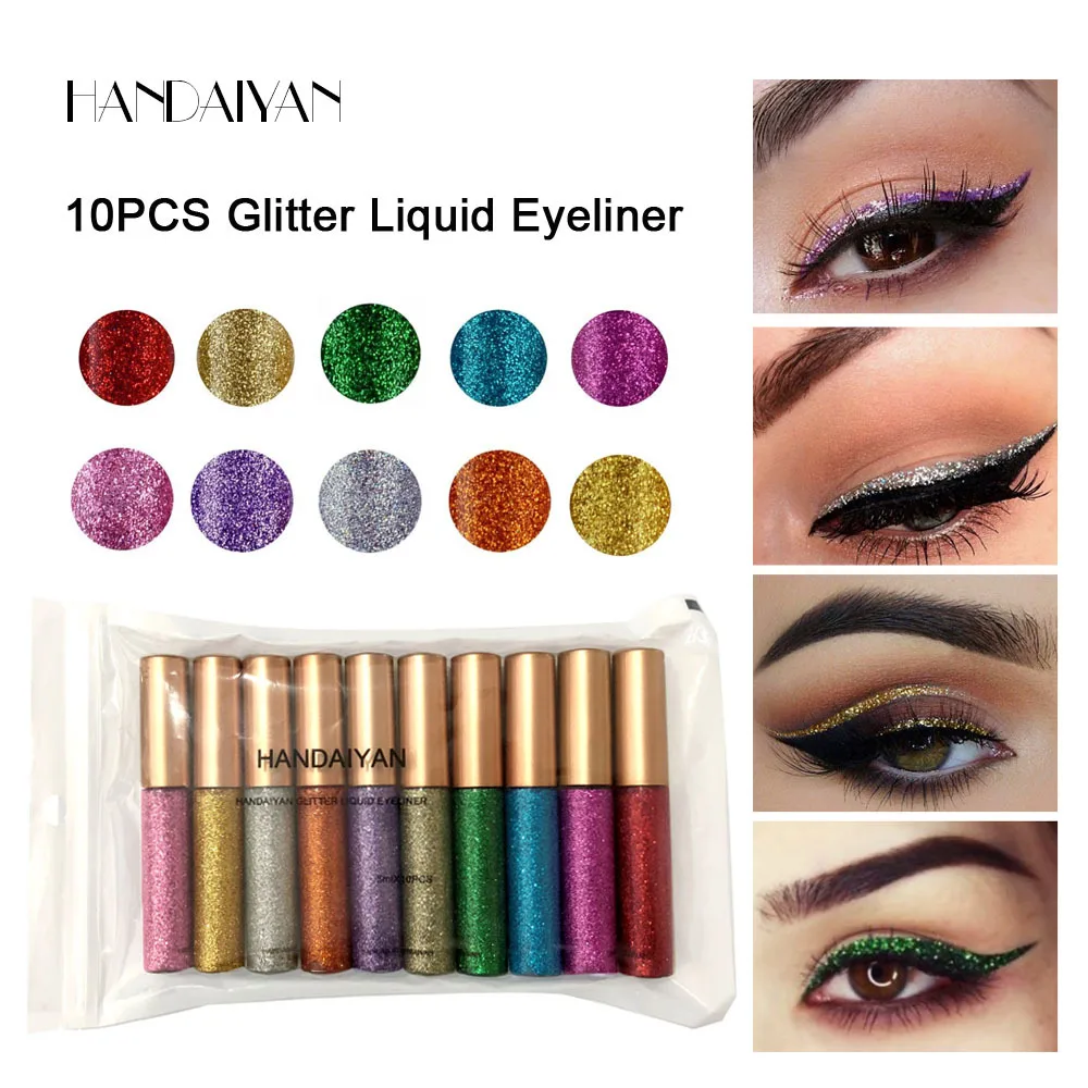 HANDAIYAN Eyeliner Cosmetics 10pcs Glitter Liquid Eyeliner Set  pearlescent Shimmer Eyeshadow Long Lasting Waterproof Eye Liner