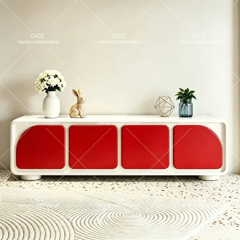 Cream White TV Cabinet Modern Simple Living Room Audio Visual Console Table Household Floor Storage Unit Low Media Stand
