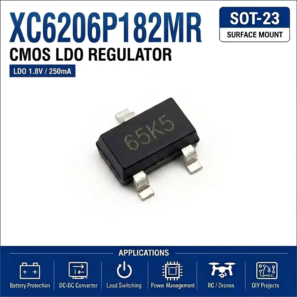 (100 pcs) XC6206P182MR SOT-23 (Marking 65K5) - LDO Voltage Regulator 1.8V 250mA