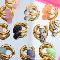 Pendientes de aro de piedra Natural colorida para mujer, aretes geométricos circulares de acero inoxidable, regalos de joyería Bohemia