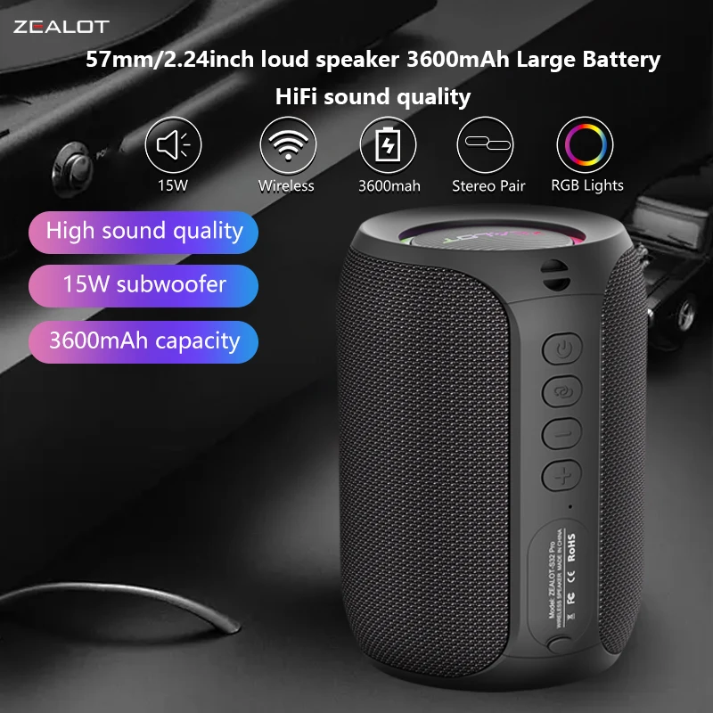 Zealot S32 Pro 15W Wireless Speakers, Featuring Wireless Connectivity,a 3600Mah Battery for 12 Hours of Loud Stereo Playtime.