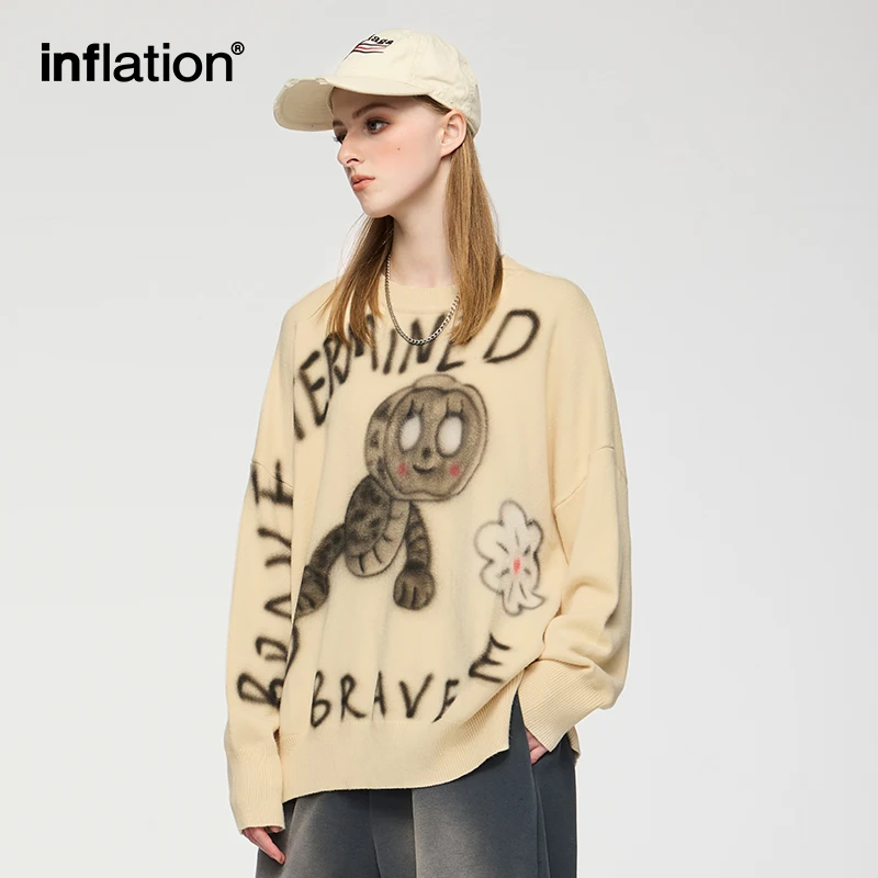 INFLATION Cartoon Grafik Pullover Unisex Loose Fit Trendy Streetwear Casual Strickwaren Pullover